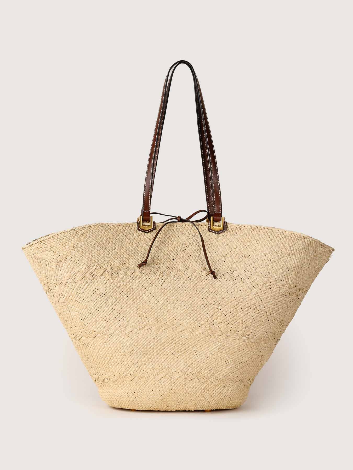 Cartagena Maxi iraca basket in hazelnut with leather details
