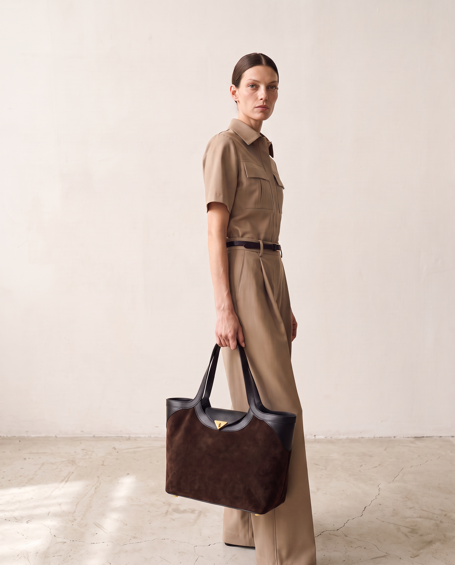 Model carrying the Fantôme ebony suede and leather tote bag