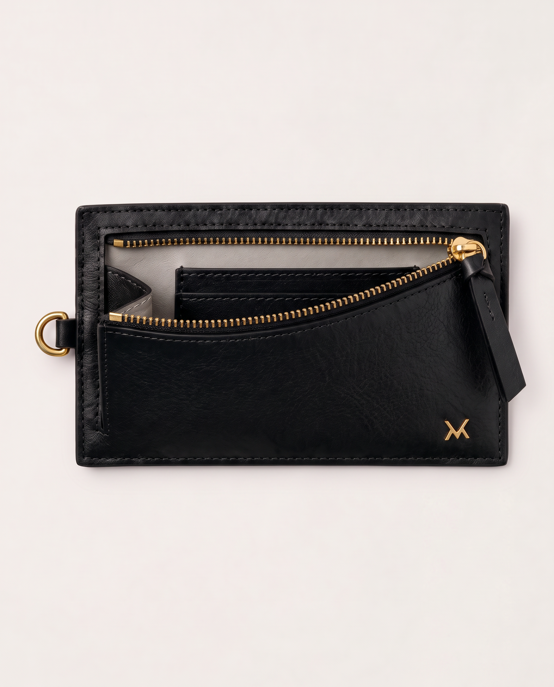 MAUSKA ARO black leather wallet with open zip compartment and pearl grey leather interior.