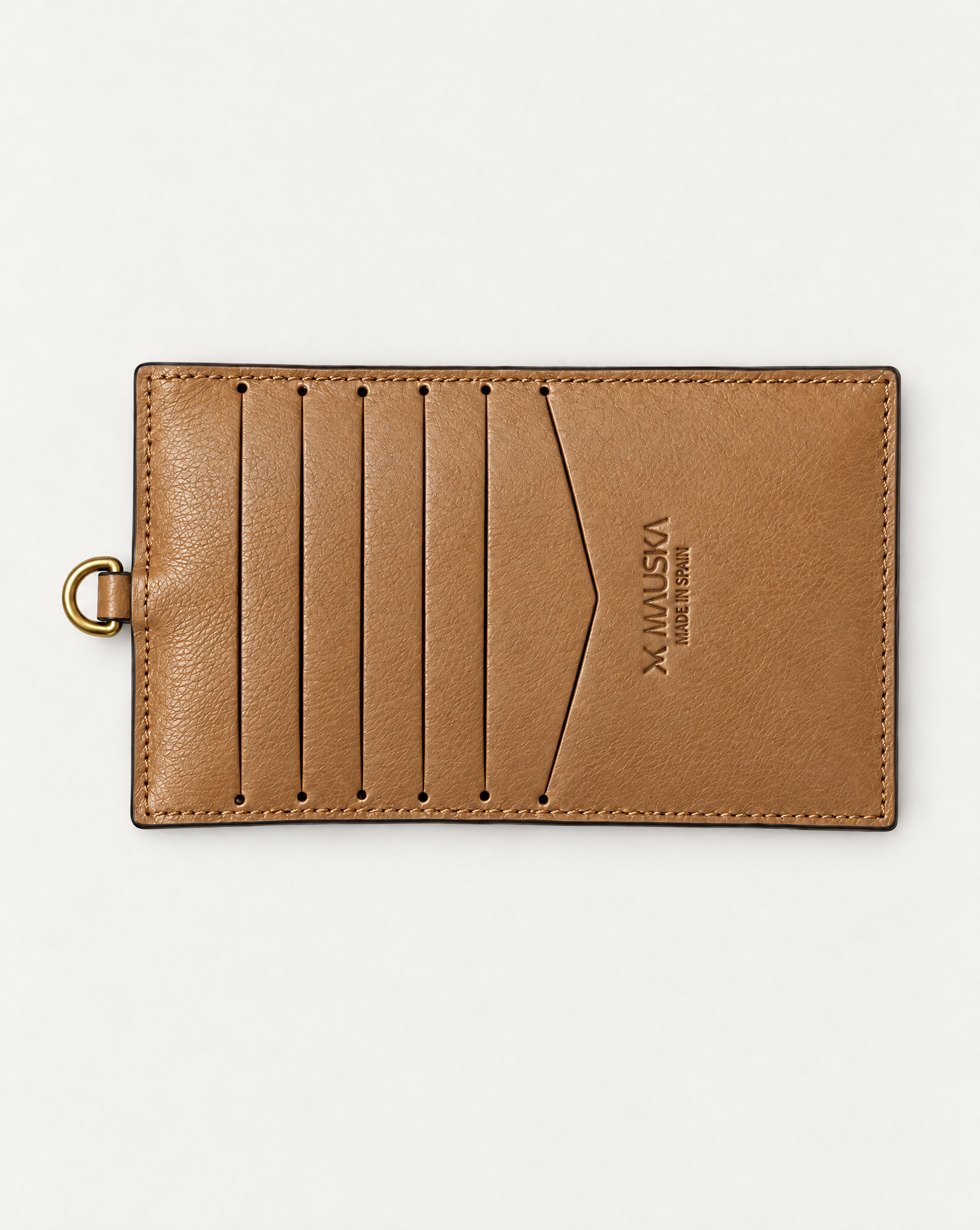 Back view of MAUSKA ARO natural vegetable-tanned leather wallet with multiple card slots and embossed MAUSKA logo.
