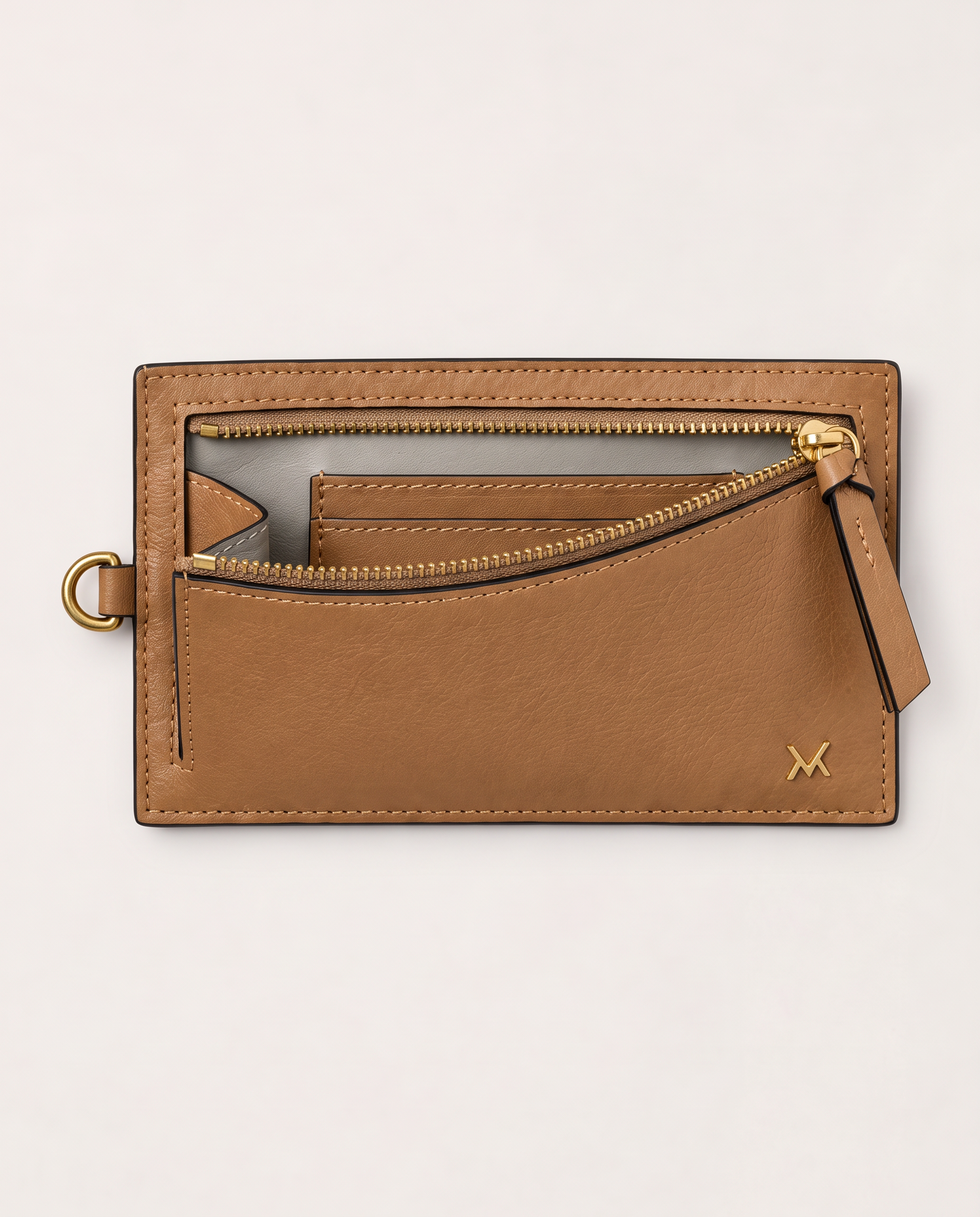 MAUSKA ARO natural leather wallet with open zip compartment and pearl grey leather interior.