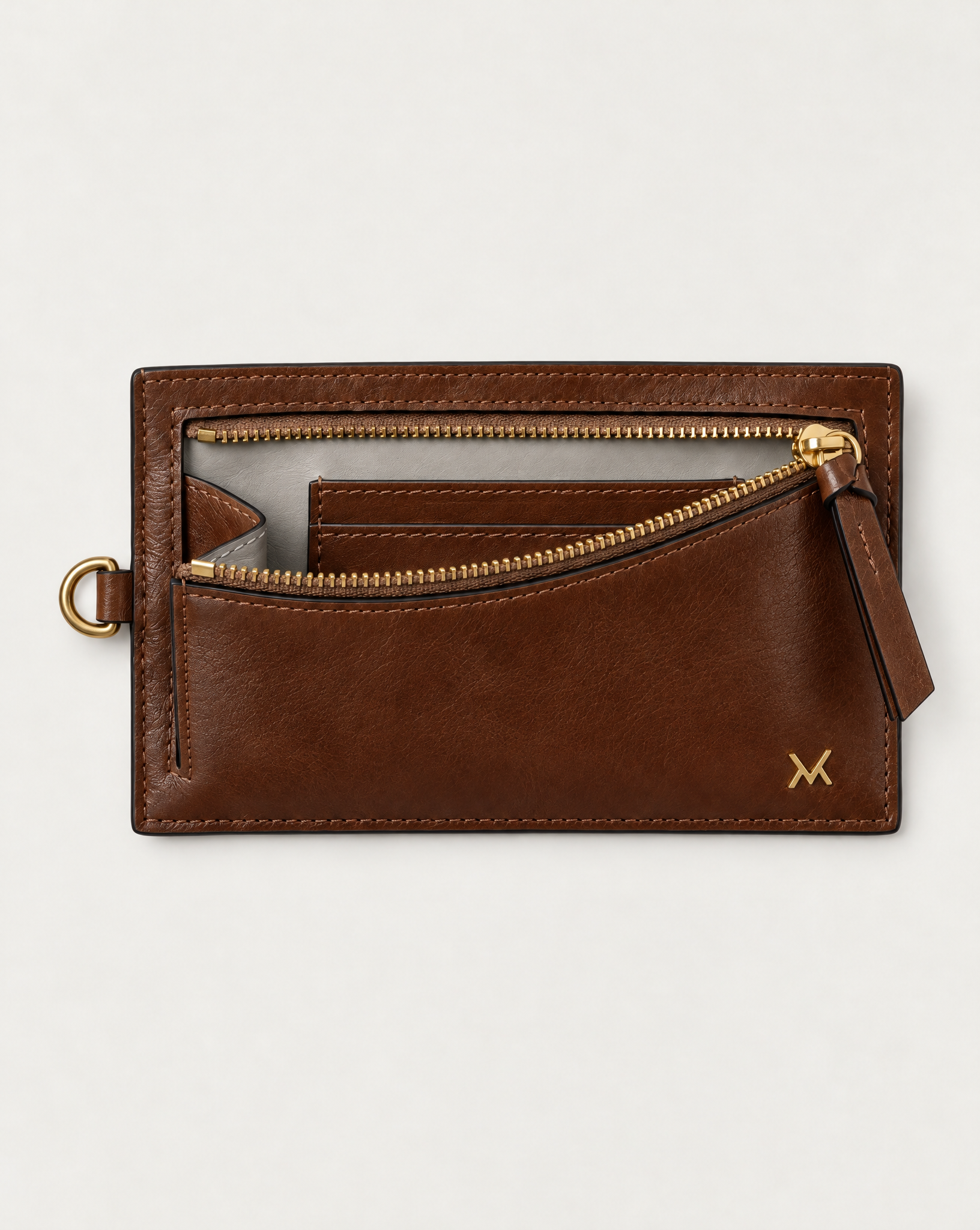 MAUSKA ARO tabaco leather wallet with open zip compartment and pearl grey leather interior.