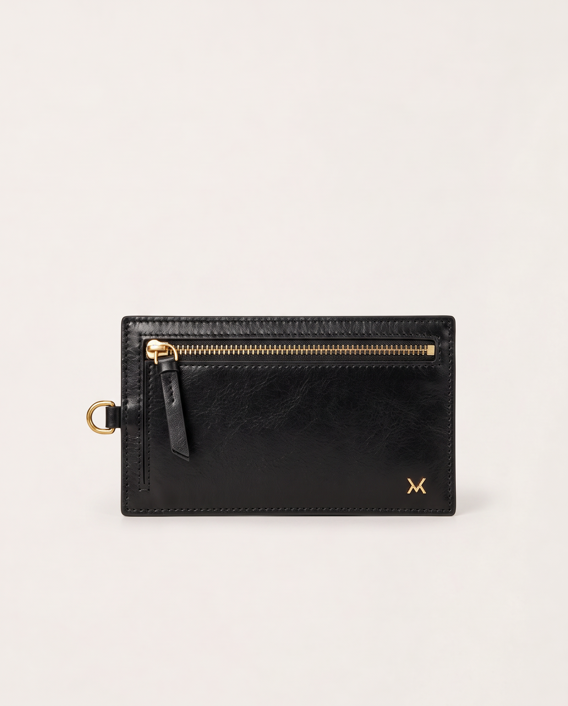 Front view of MAUSKA ARO black leather wallet with gold-tone zipper and side attachment ring.