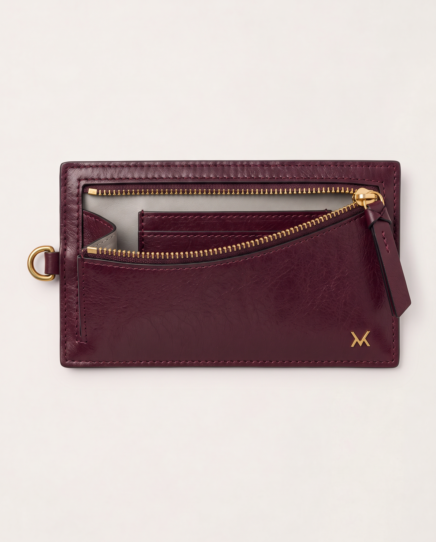 MAUSKA ARO burgundy leather wallet with open zip compartment and pearl grey leather interior