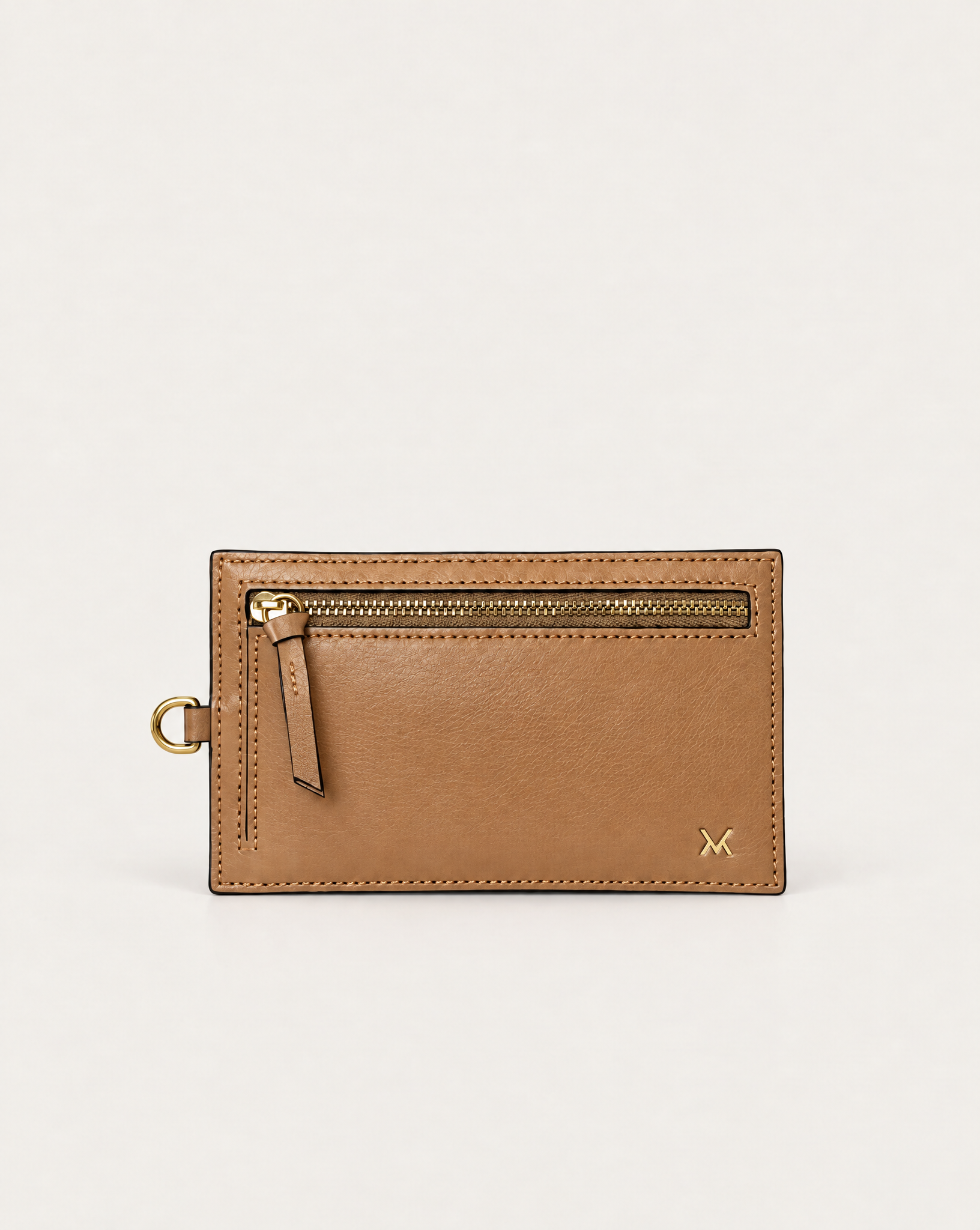 Front view of MAUSKA ARO natural leather wallet with gold-tone zipper and side attachment ring.