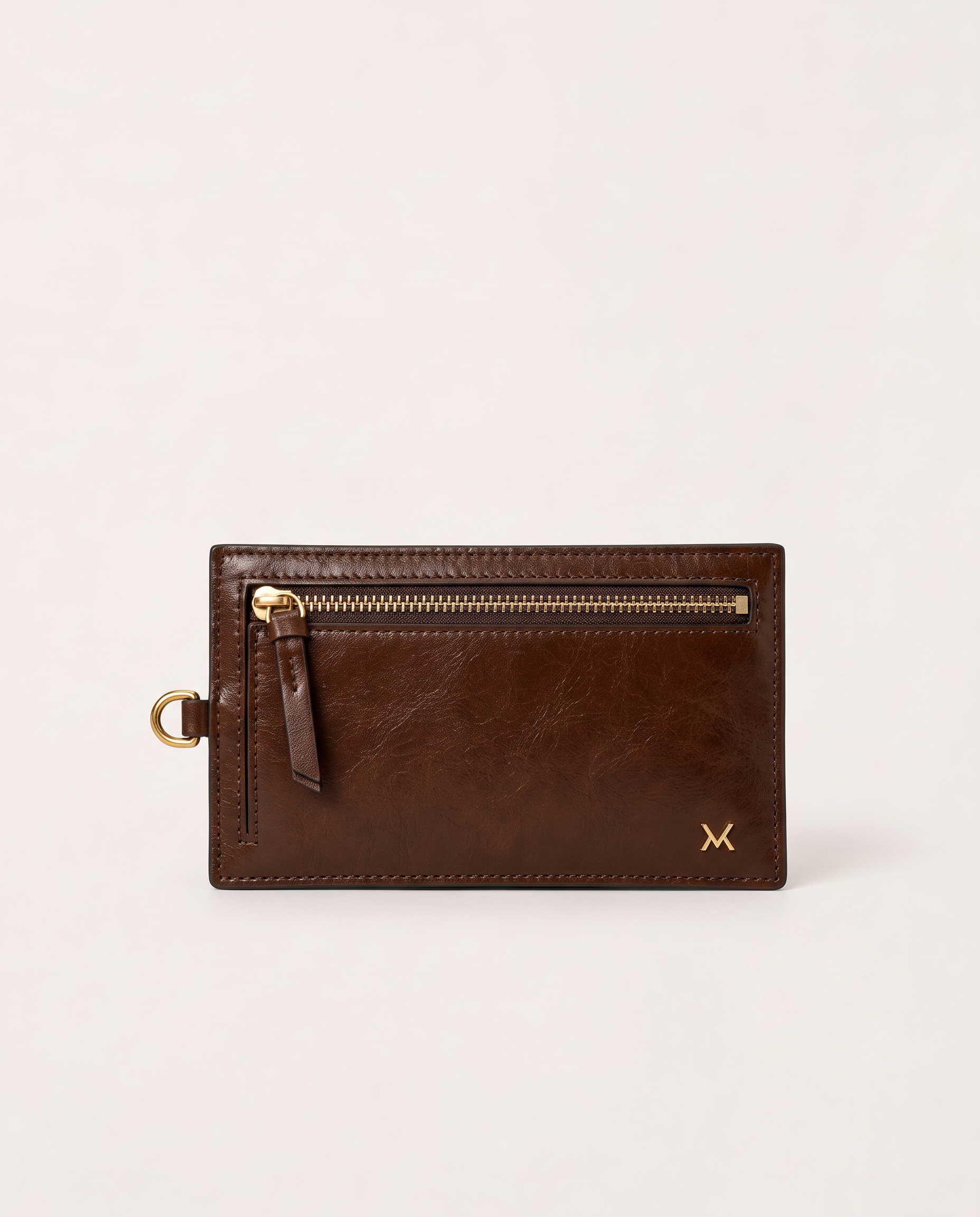 Front view of MAUSKA ARO tabaco leather wallet with gold-tone zipper and side attachment ring.