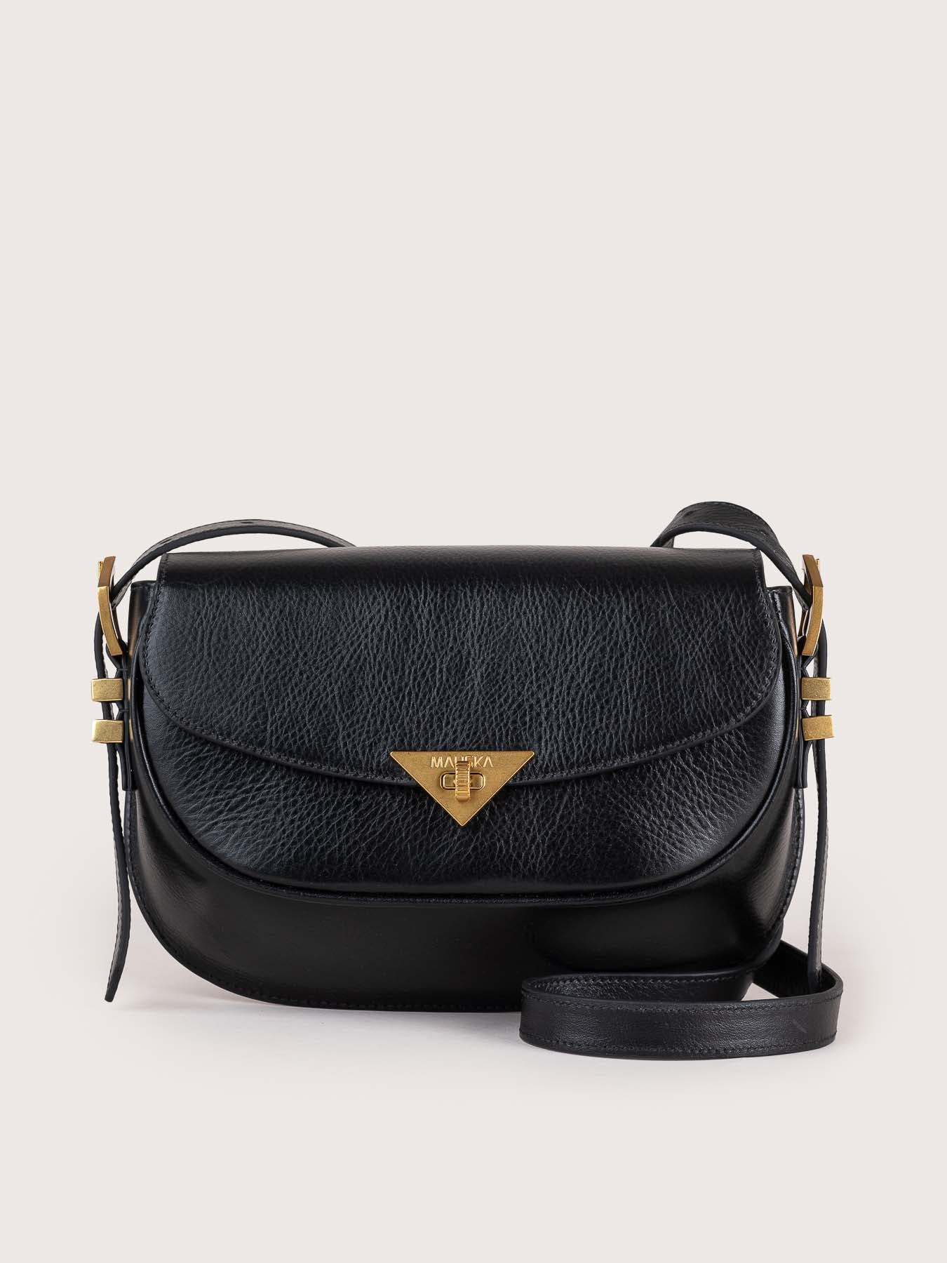 Front view of the Castañuela bag in black suede leather by Mauska. Designed in San Sebastián and handcrafted in Ubrique, Spain. Defined by texture and contemporary design.