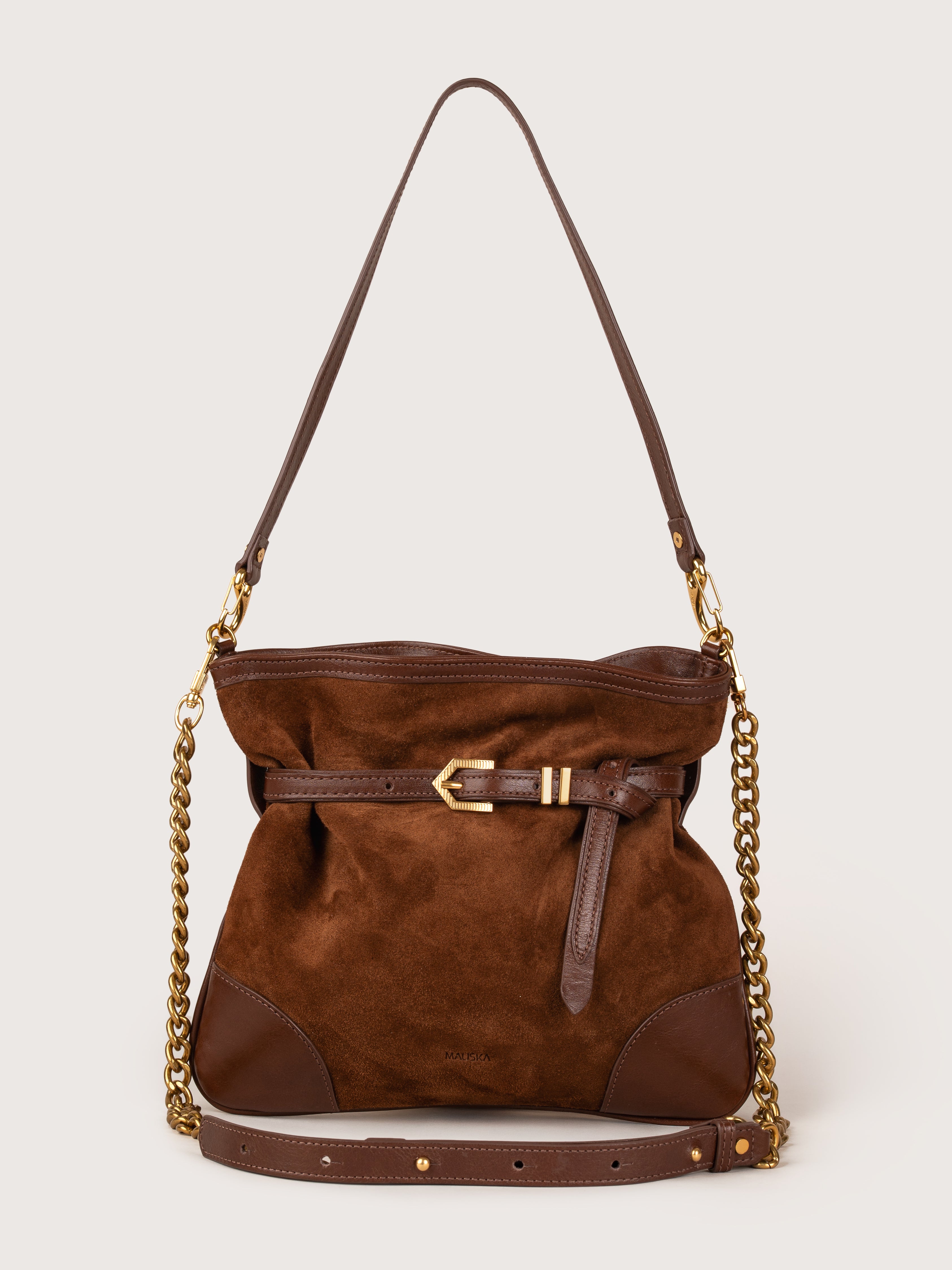 Front view of the Pereira Mini bag in mink suede leather by Mauska. Designed in San Sebastián and handcrafted in Ubrique, Spain. Defined by texture and contemporary design.