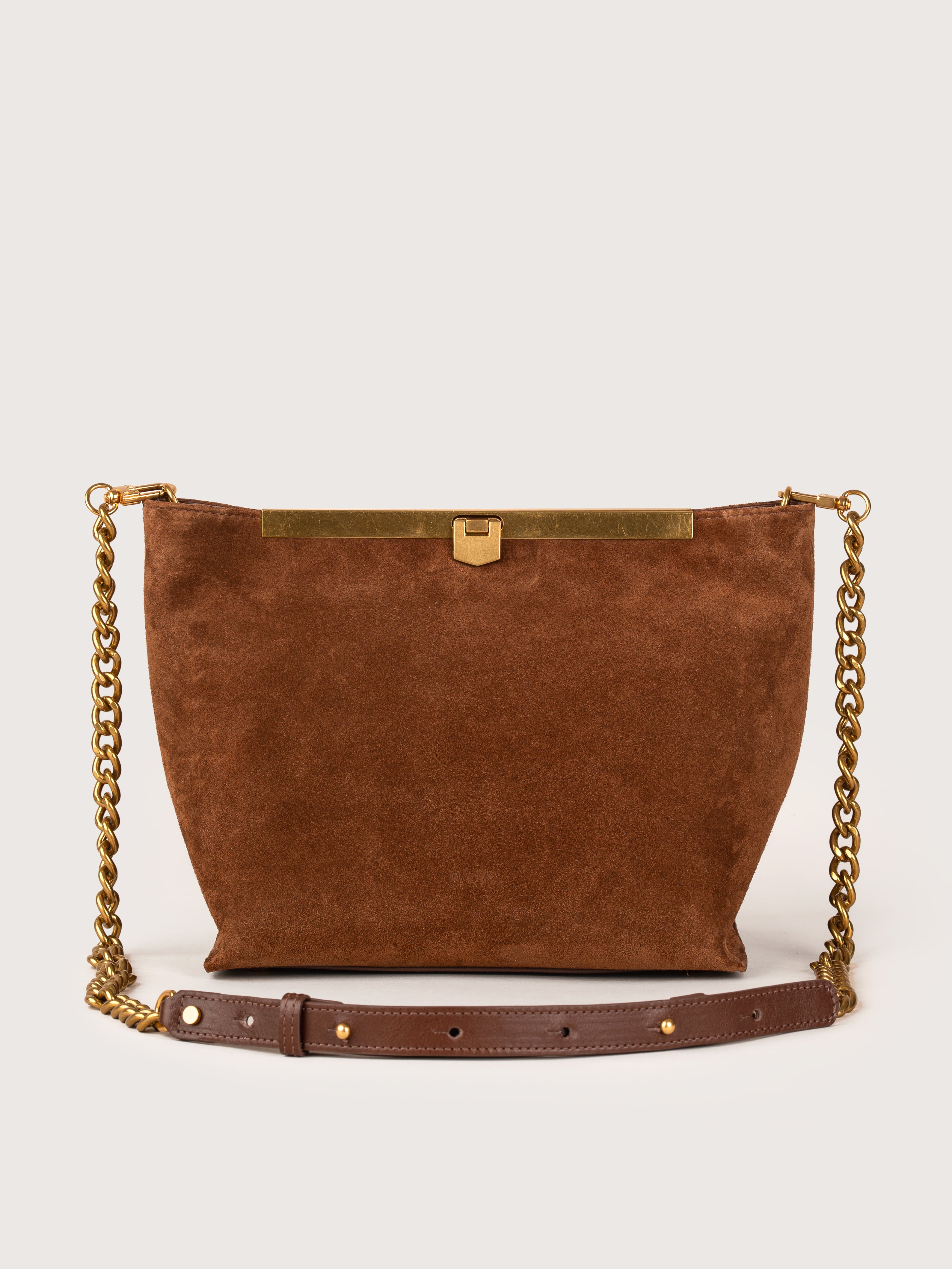 Front view of the Petra suede bag in mink color by Mauska. Designed in San Sebastián and handcrafted in Ubrique, Spain. Defined by texture and contemporary design.