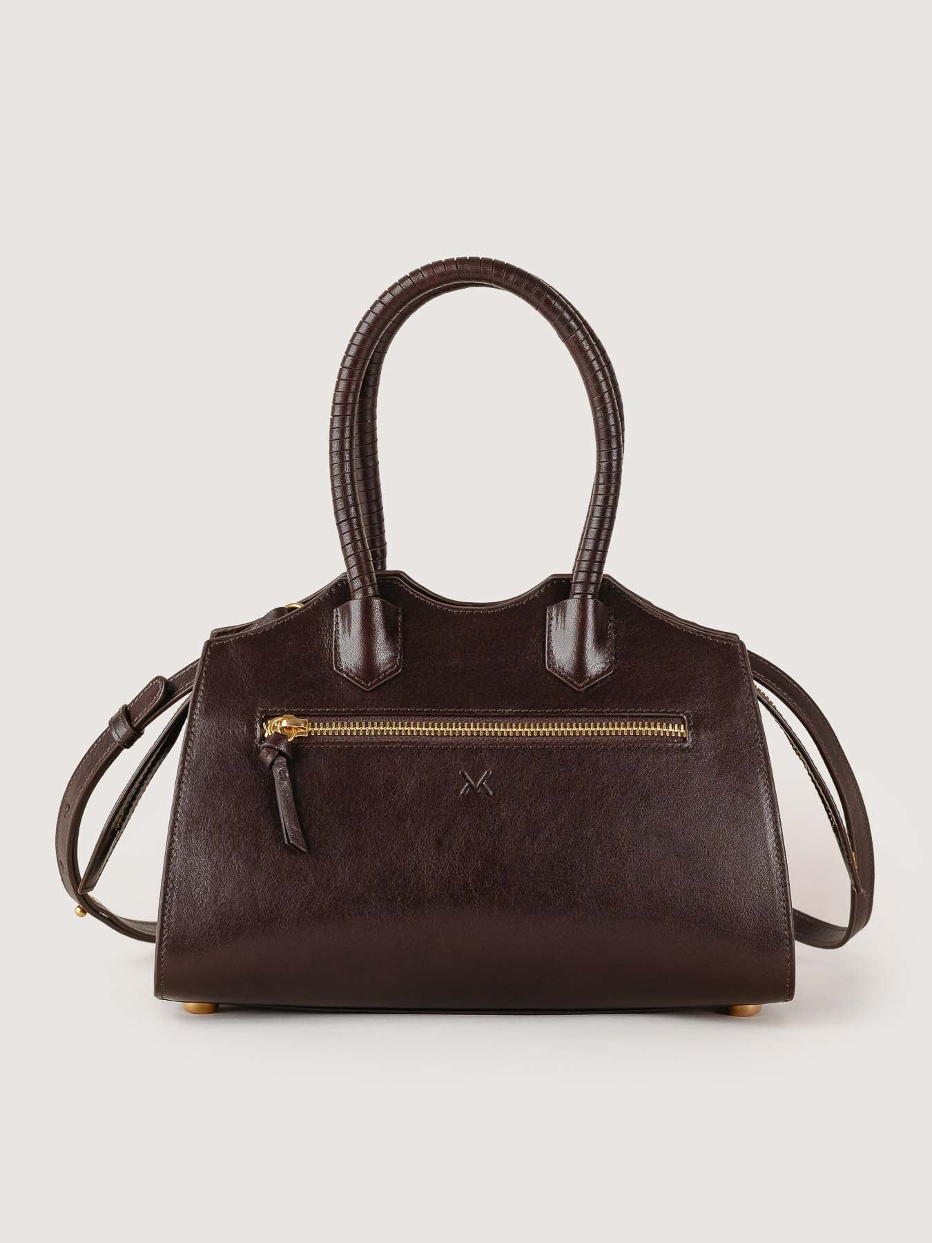Back view of Rosario bag in chocolate leather, clean lines, handcrafted in Ubrique, Spain