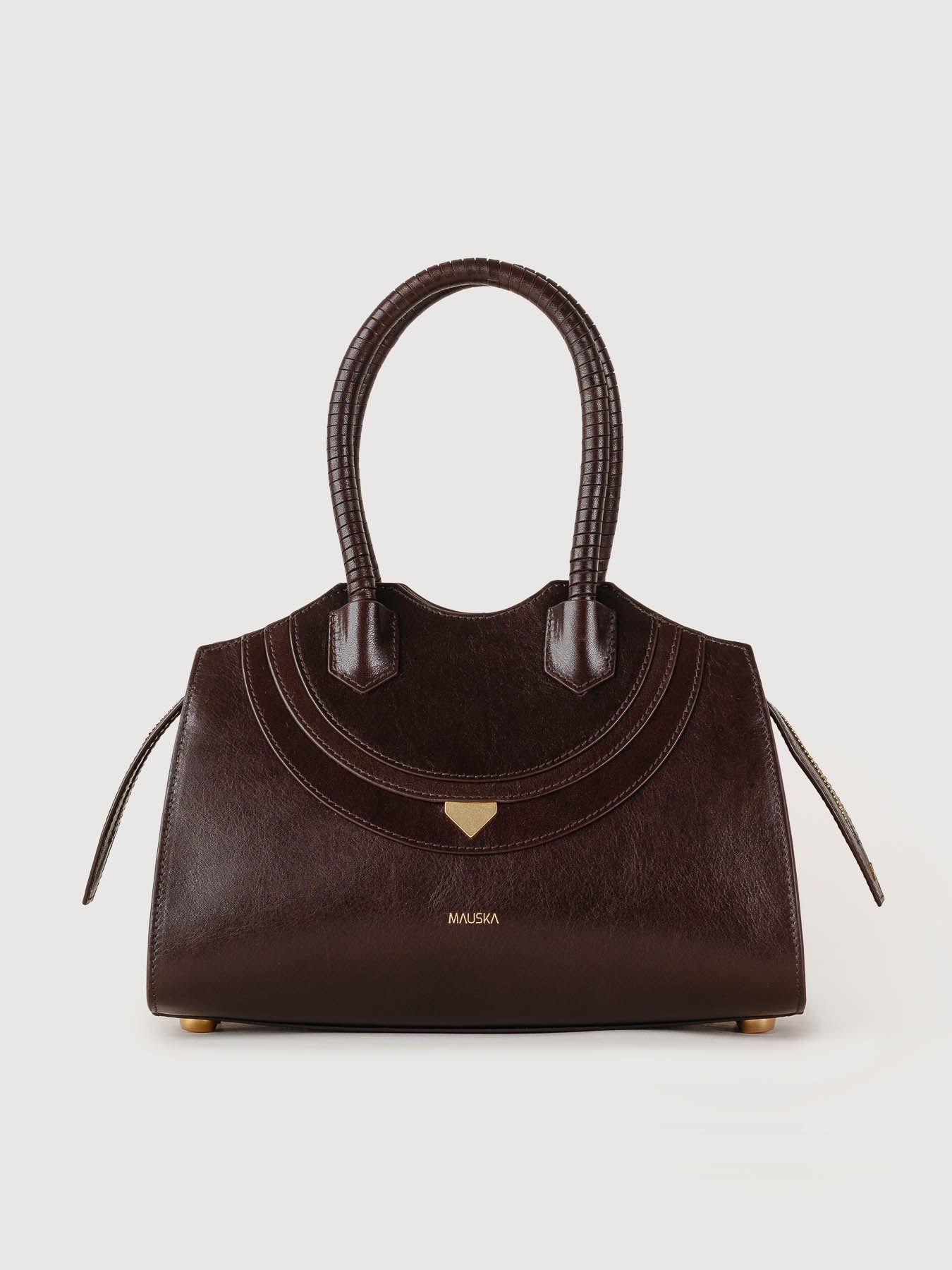Rosario leather bag in chocolate brown, front view, handcrafted in Ubrique, Spain