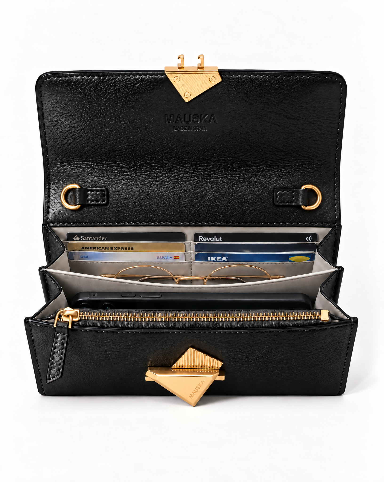 Interior view of the VEGA black leather clutch bag by MAUSKA