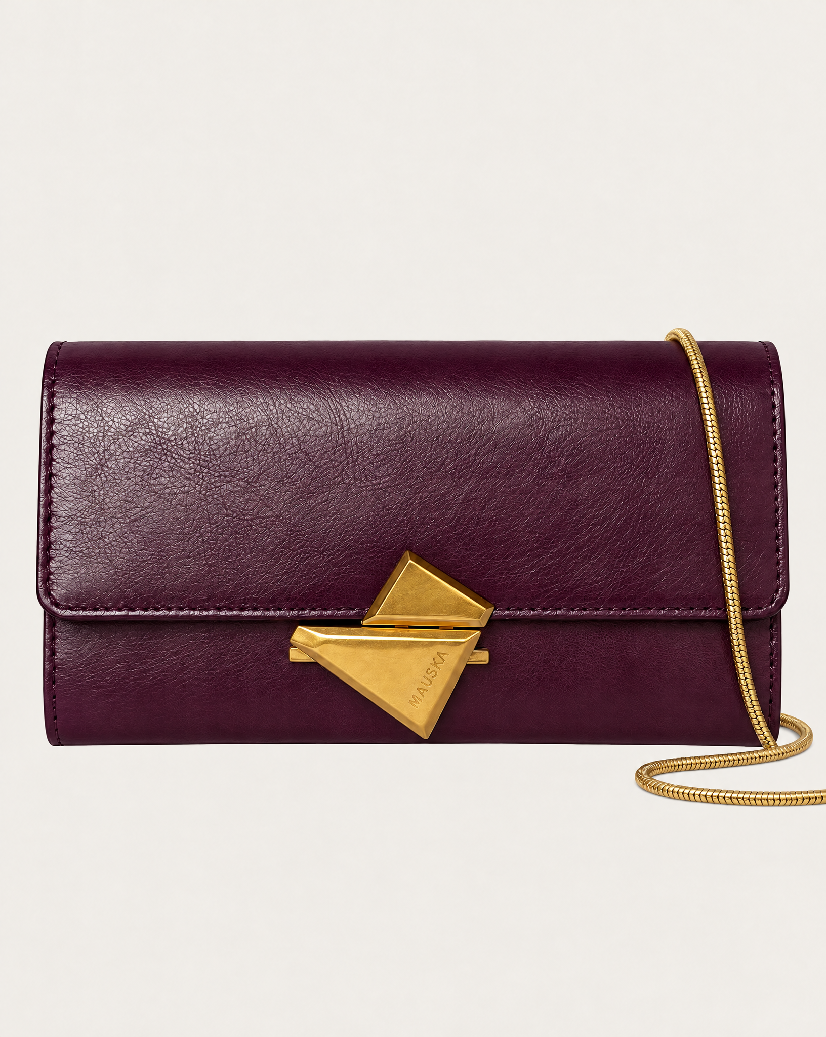VEGA burgundy color leather clutch bag by MAUSKA, 
front view
