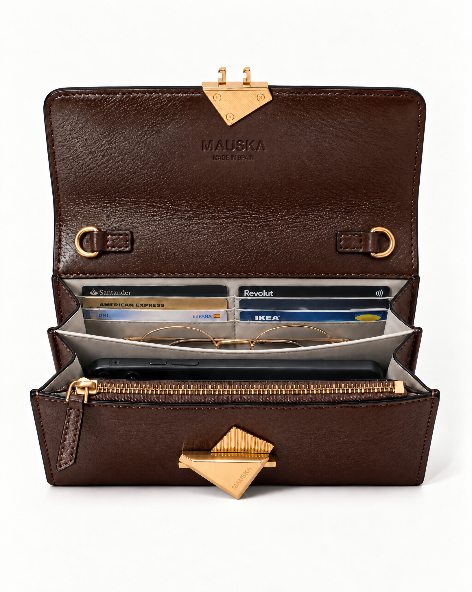 Interior view of the VEGA tobaccoleather clutch bag by MAUSKA