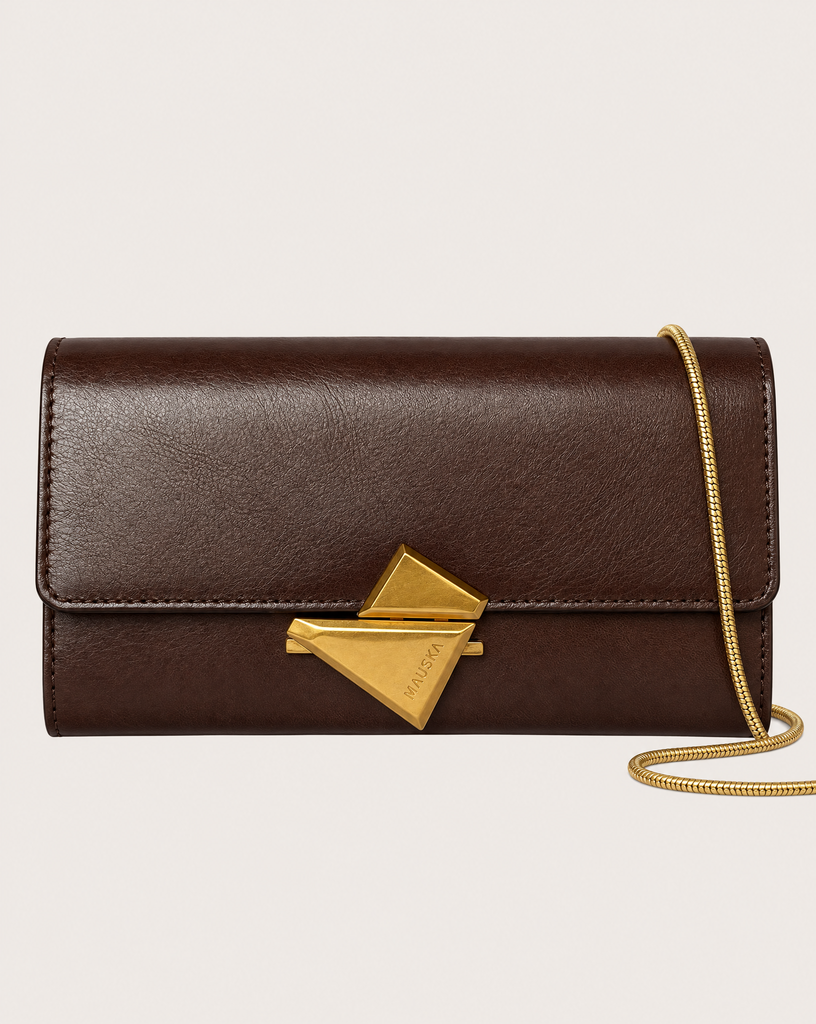 VEGA tobacco color leather clutch bag by MAUSKA, front view