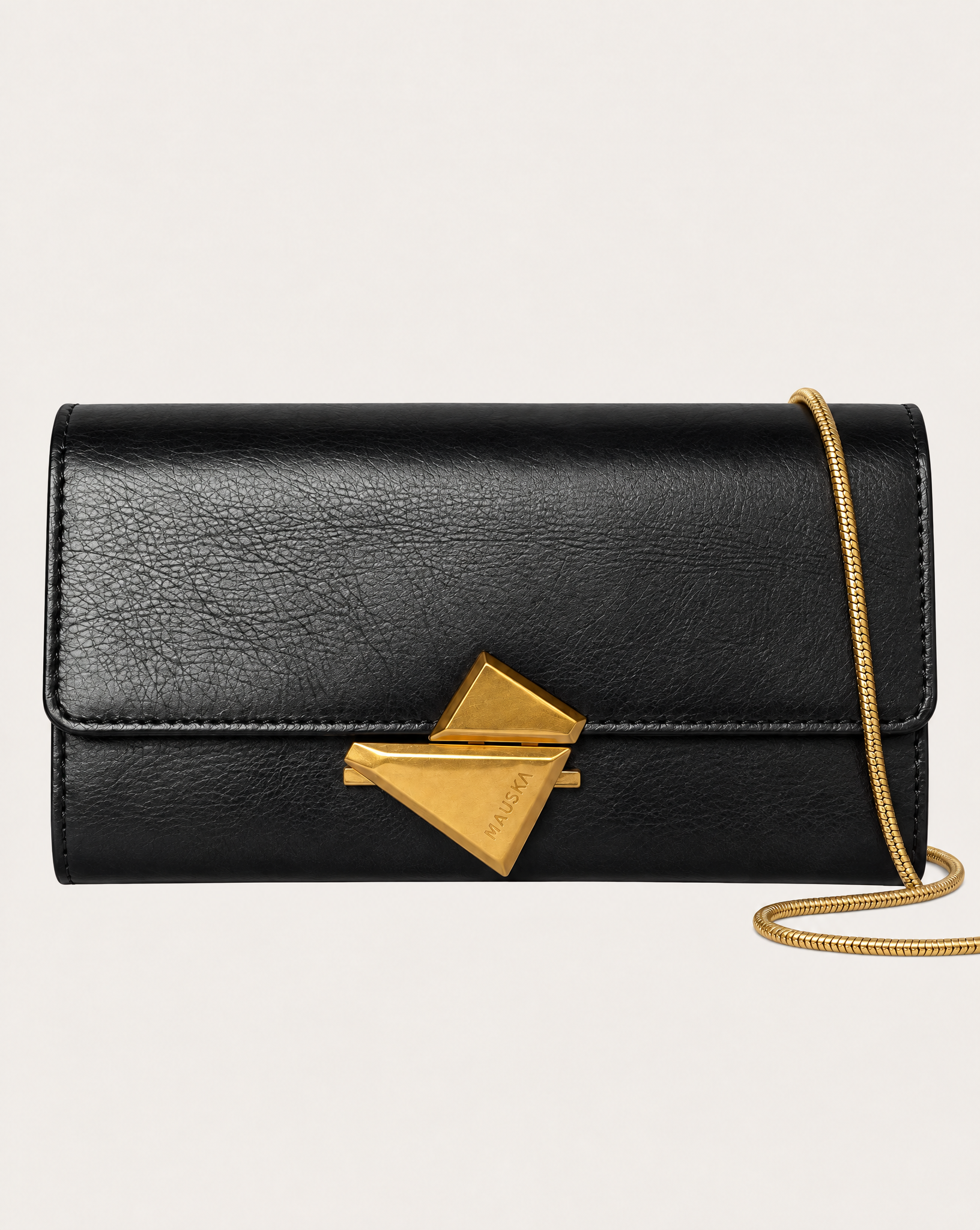 VEGA black leather clutch bag by MAUSKA, front view