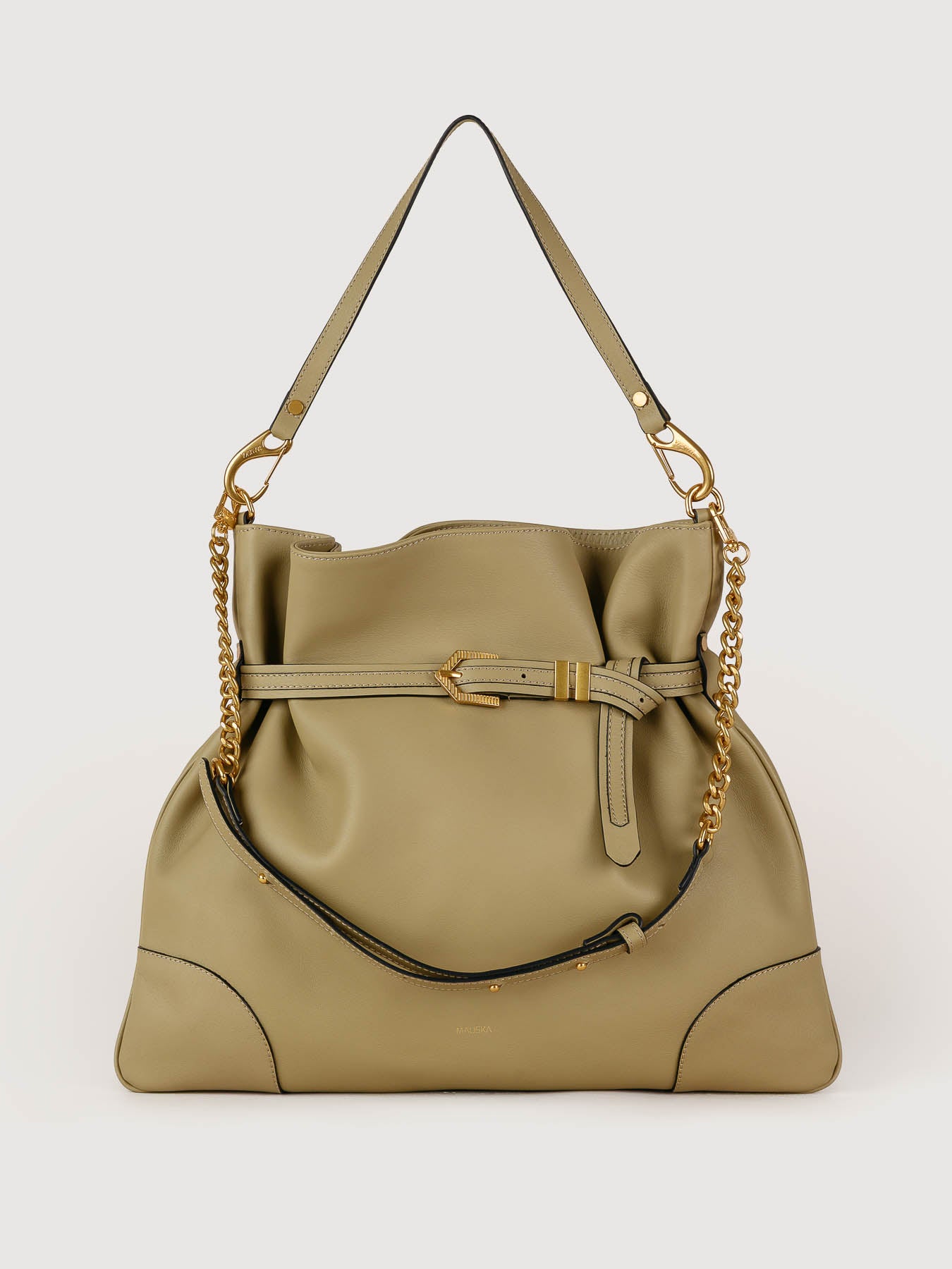 Front view of Pereira Maxi light olive leather bag handcrafted in Spain.