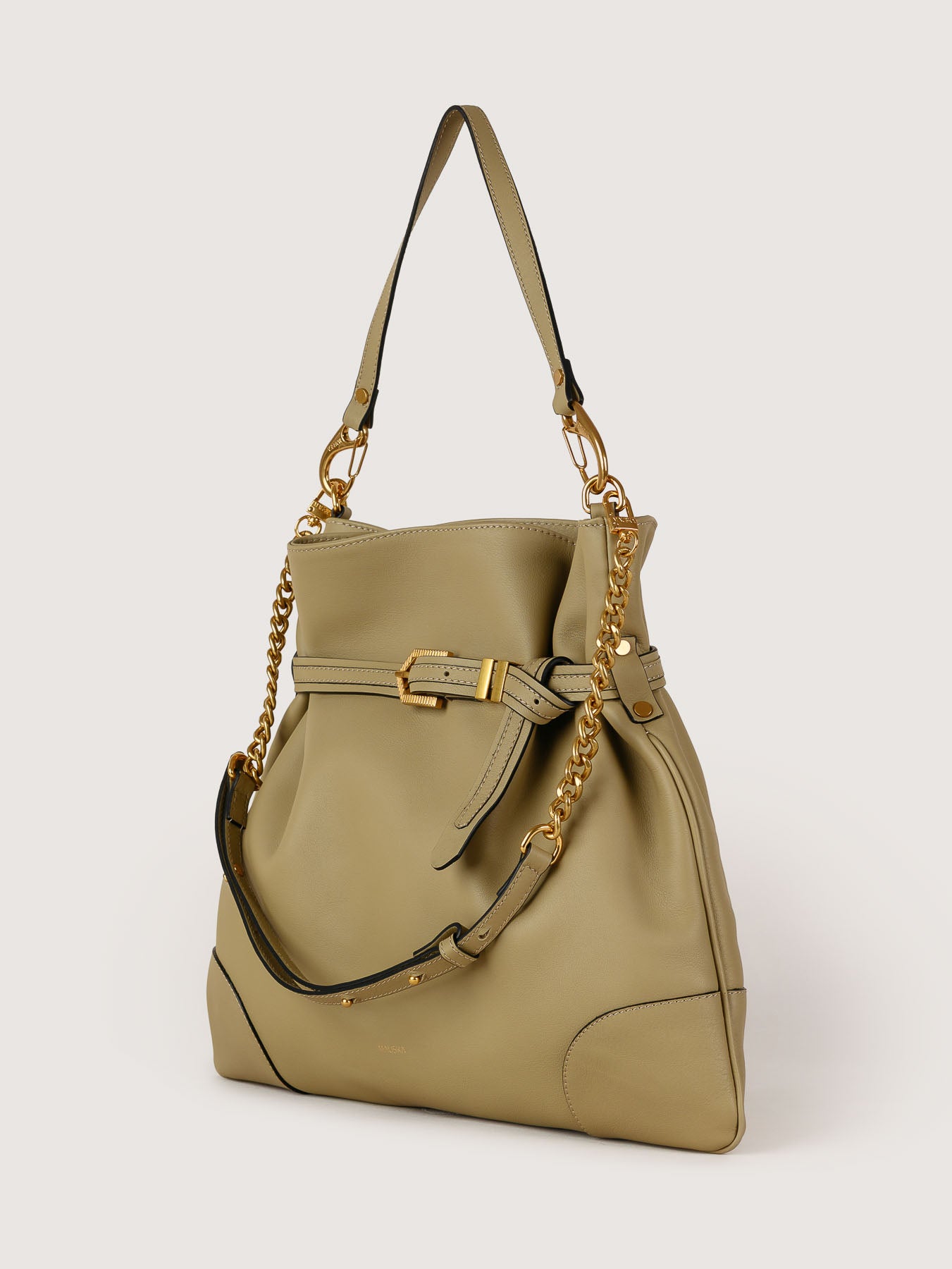 Side view of Pereira Maxi light olive leather bag showing its structured silhouette.