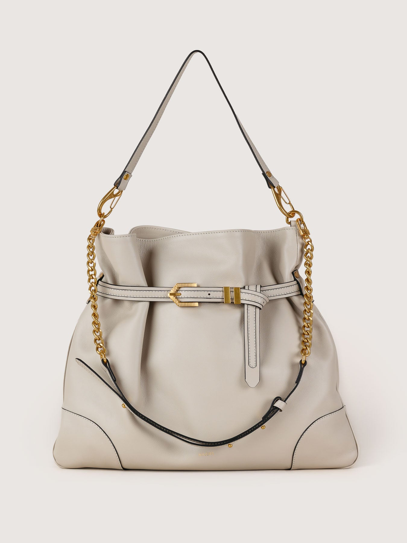 Front view of Pereira Maxi pearl grey leather bag handcrafted in Spain.