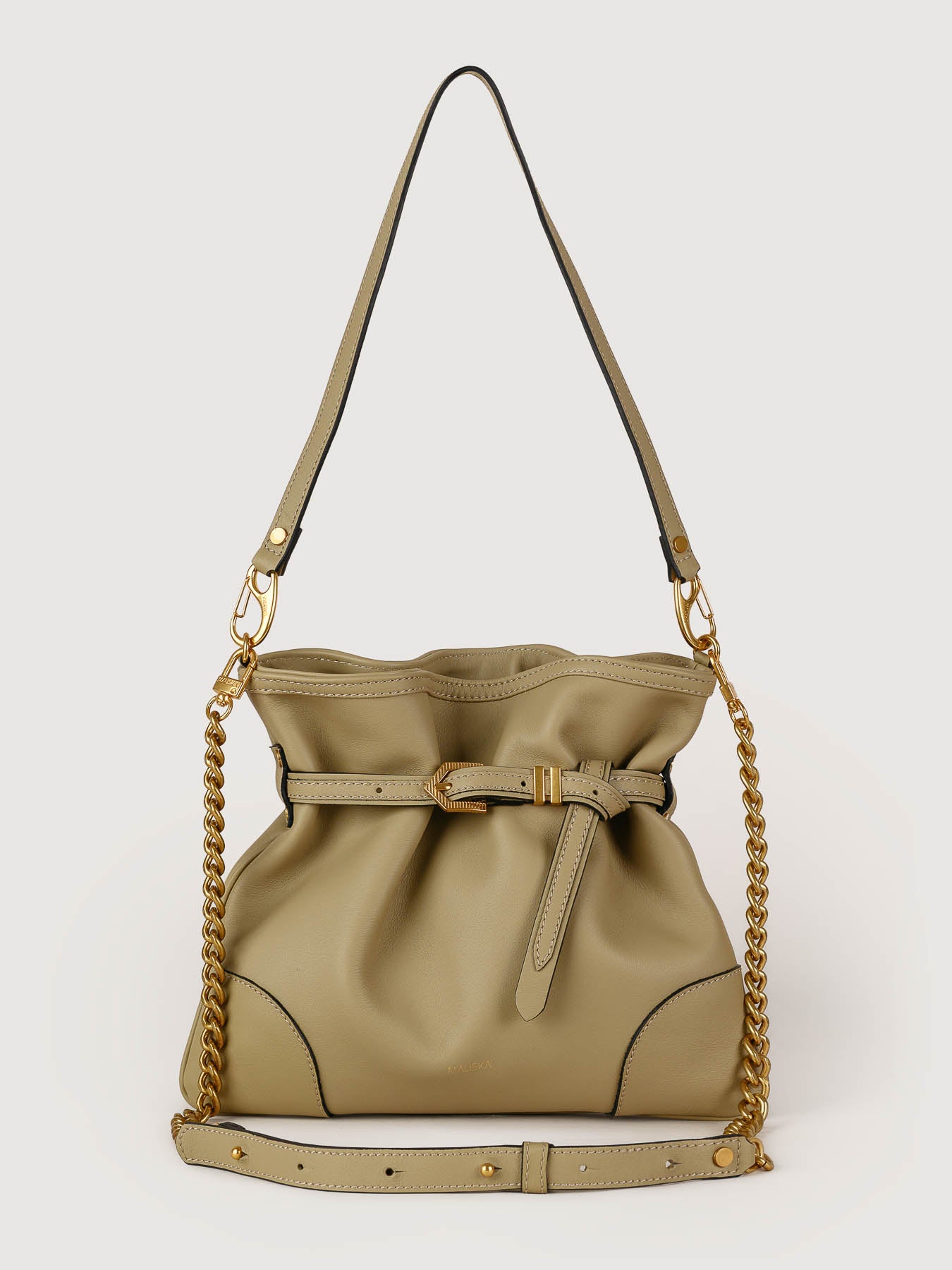 Front view of Pereira Mini light olive leather bag handcrafted in Spain.