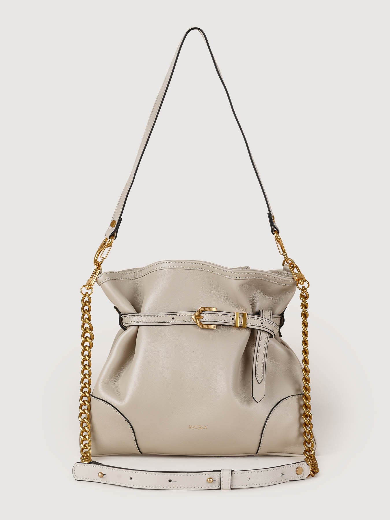 Front view of Pereira Mini pearl grey leather bag handcrafted in Spain.
