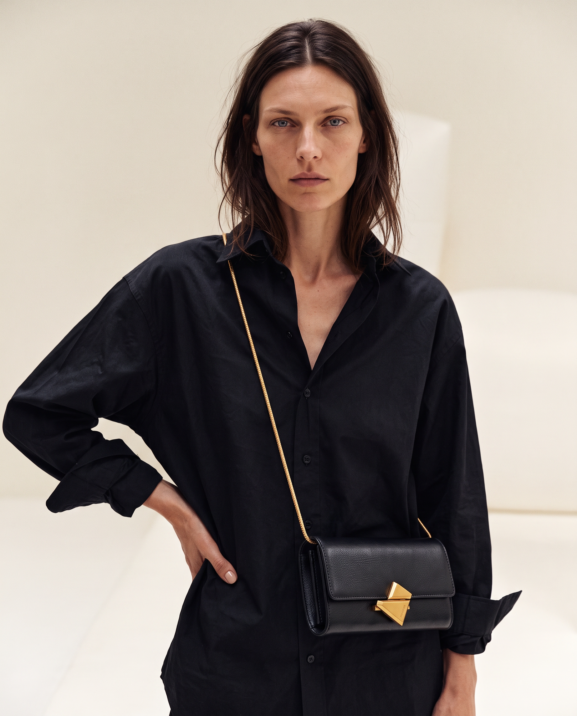 Model wearing the VEGA Clutch in black leather
